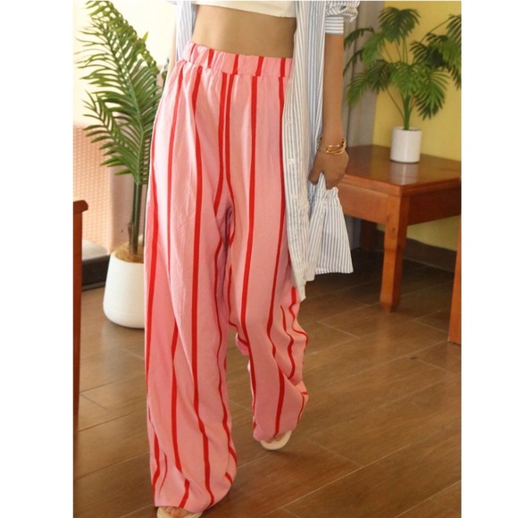 Pink Wide Trousers with Red Stripes Elastic Waist Flowy and Light - Picture 7 of 17